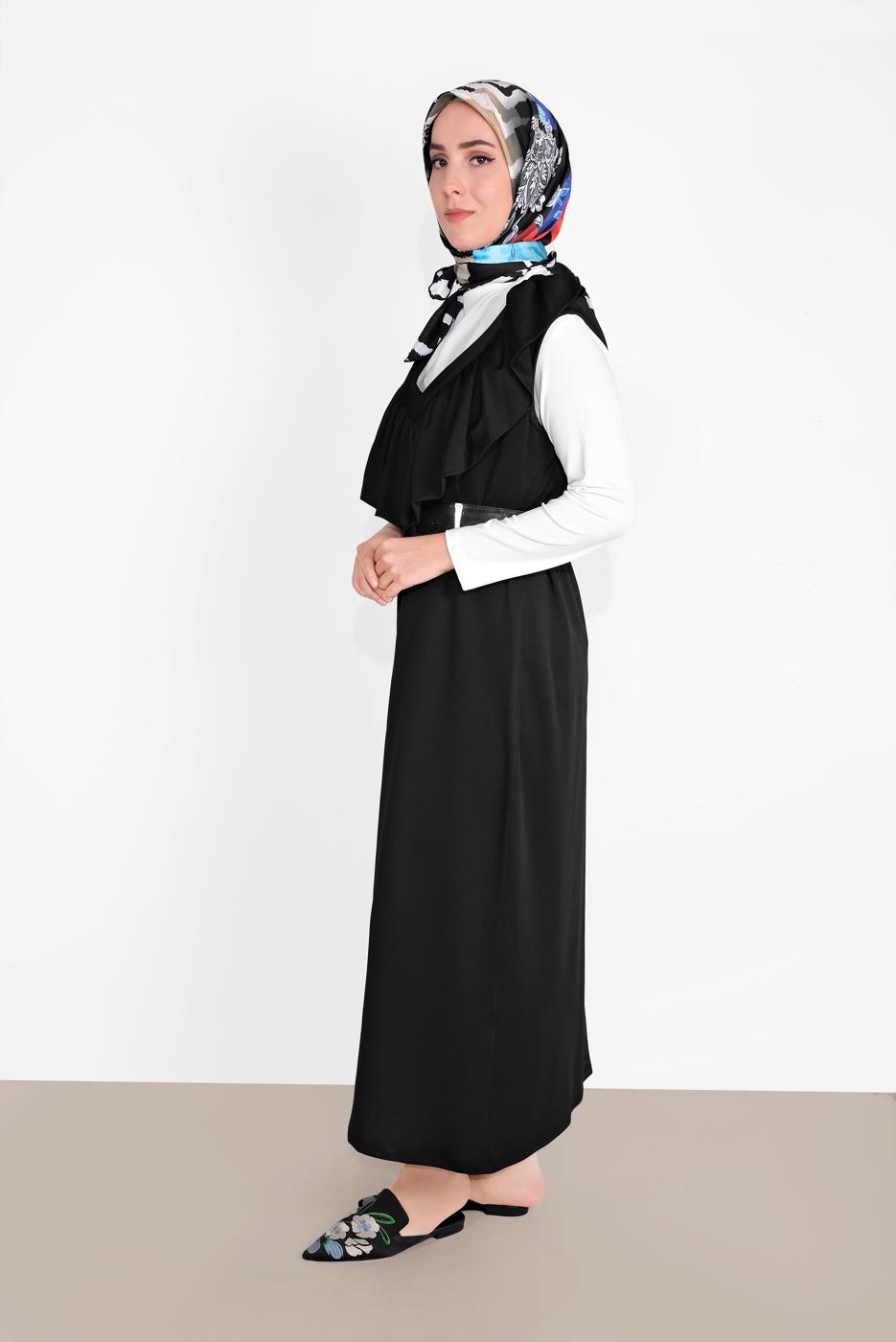 Tesettür giyim SİYAH YAKASI FIRFIR DETAYLI İKİLİ ELBİSE 6816