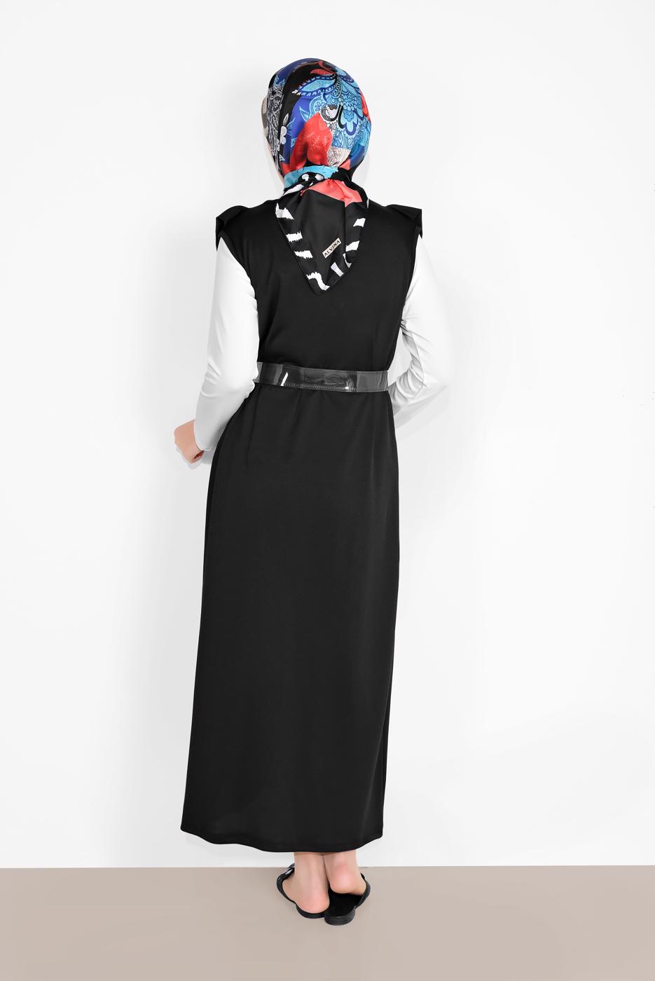 Tesettür giyim SİYAH YAKASI FIRFIR DETAYLI İKİLİ ELBİSE 6816