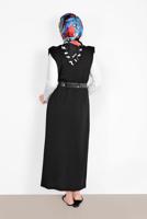 Tesettür giyim SİYAH YAKASI FIRFIR DETAYLI İKİLİ ELBİSE 6816