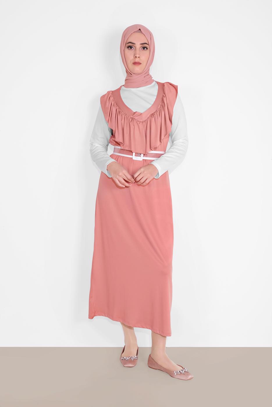 Tesettür giyim PUDRA YAKASI FIRFIR DETAYLI İKİLİ ELBİSE 6816