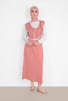 Tesettür giyim PUDRA YAKASI FIRFIR DETAYLI İKİLİ ELBİSE 6816