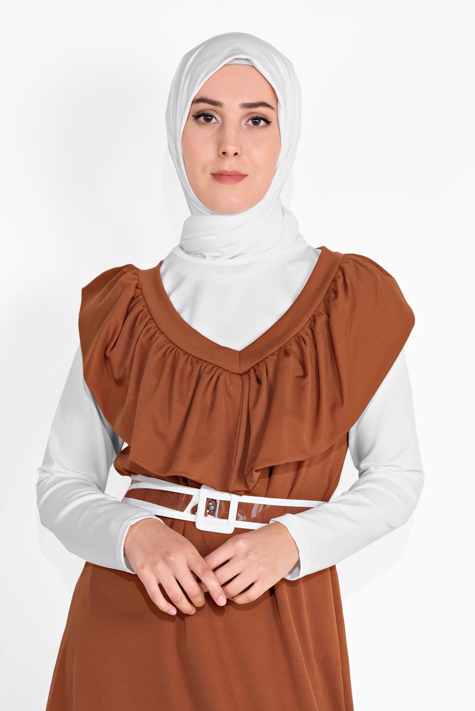 Tesettür giyim TABA YAKASI FIRFIR DETAYLI İKİLİ ELBİSE 6816