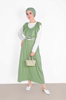 Tesettür giyim YEŞİL YAKASI FIRFIR DETAYLI İKİLİ ELBİSE 6816