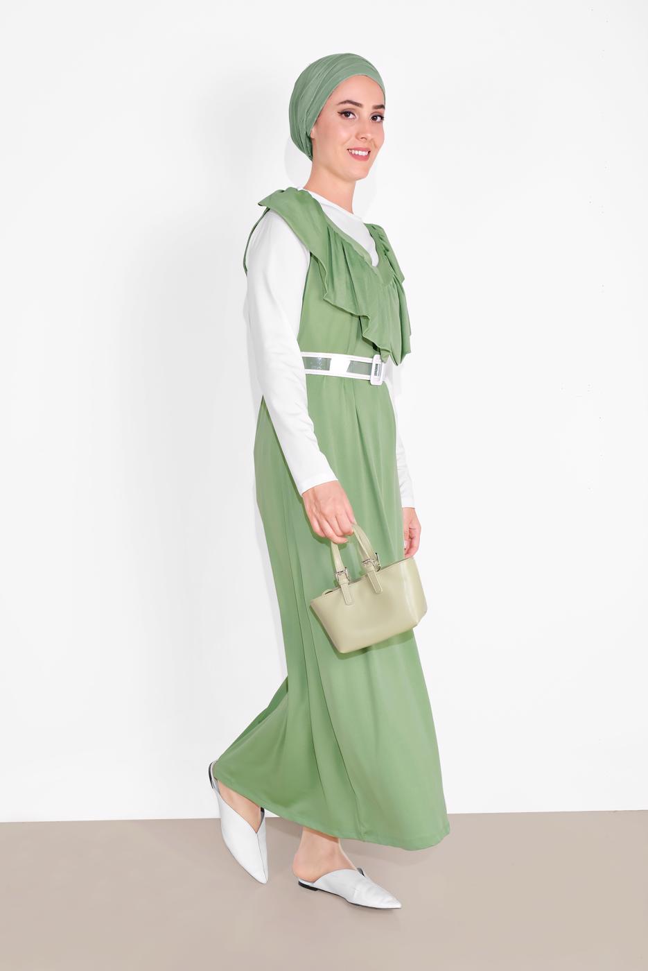 Tesettür giyim YEŞİL YAKASI FIRFIR DETAYLI İKİLİ ELBİSE 6816