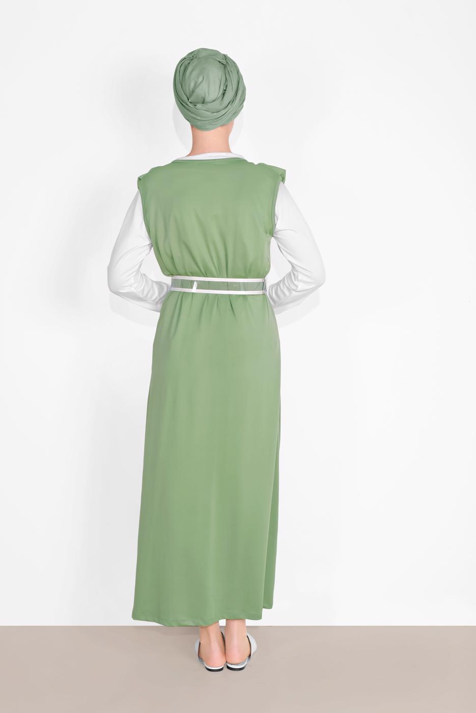 Tesettür giyim YEŞİL YAKASI FIRFIR DETAYLI İKİLİ ELBİSE 6816