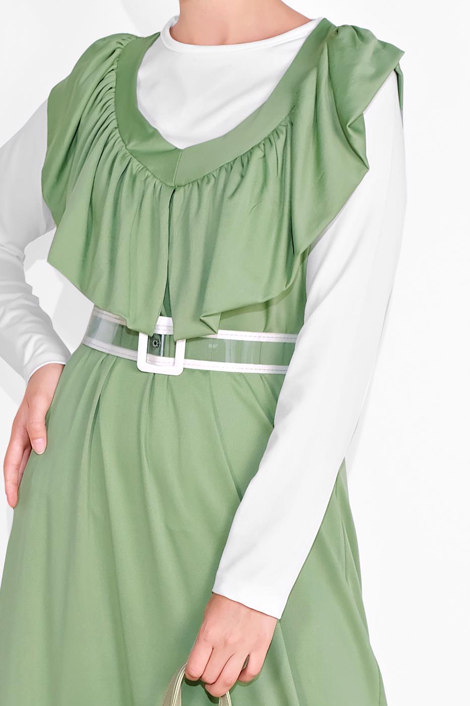 Tesettür giyim YEŞİL YAKASI FIRFIR DETAYLI İKİLİ ELBİSE 6816