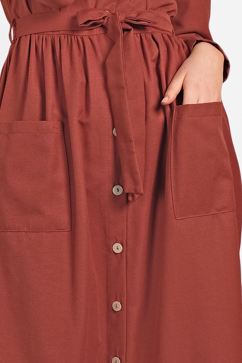 Tesettür giyim KAHVE BOYDAN DÜĞMELİ CEPLİ ELBİSE 6824