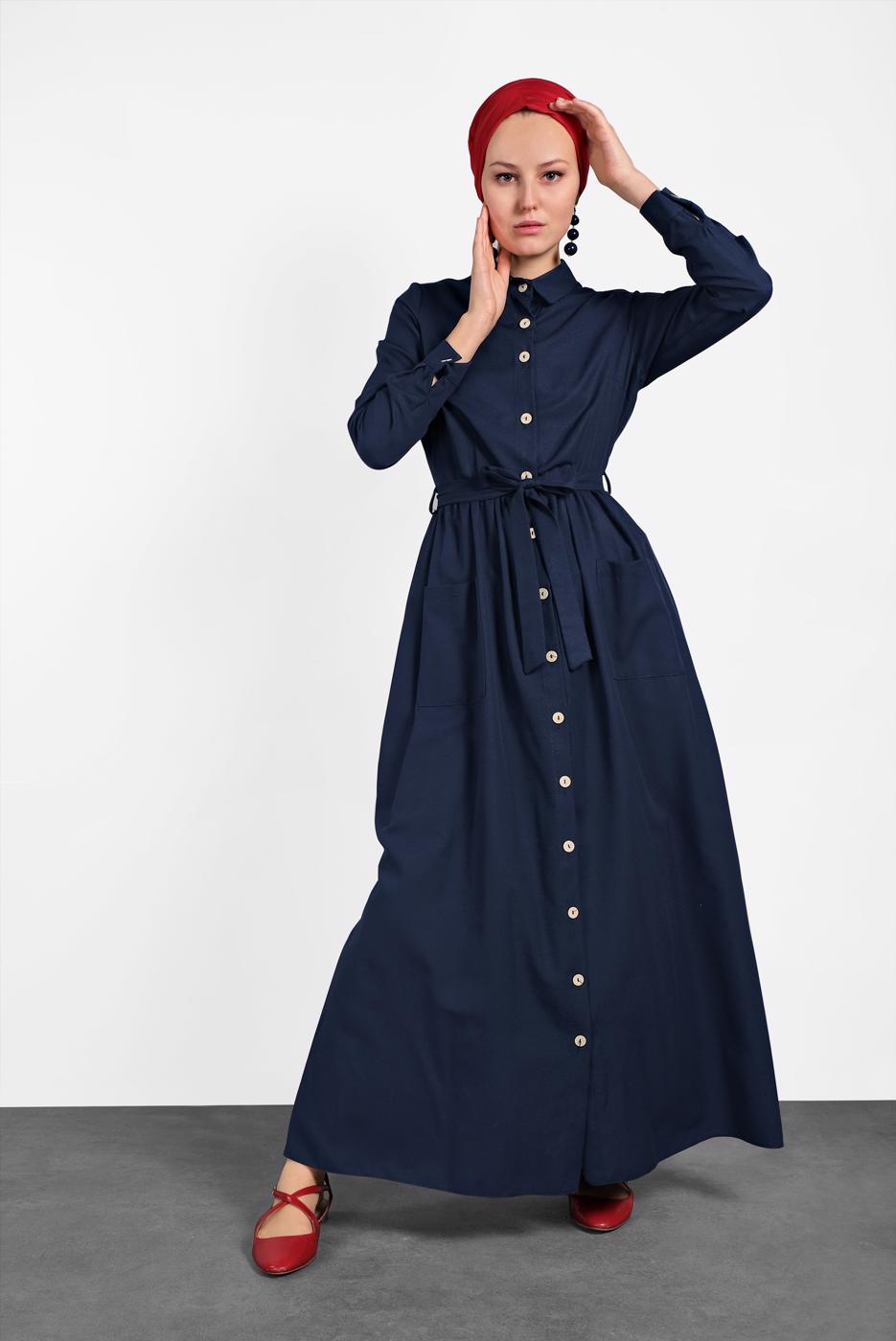 Tesettür giyim LACİVERT BOYDAN DÜĞMELİ CEPLİ ELBİSE 6824