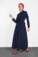 Tesettür giyim LACİVERT BOYDAN DÜĞMELİ CEPLİ ELBİSE 6824