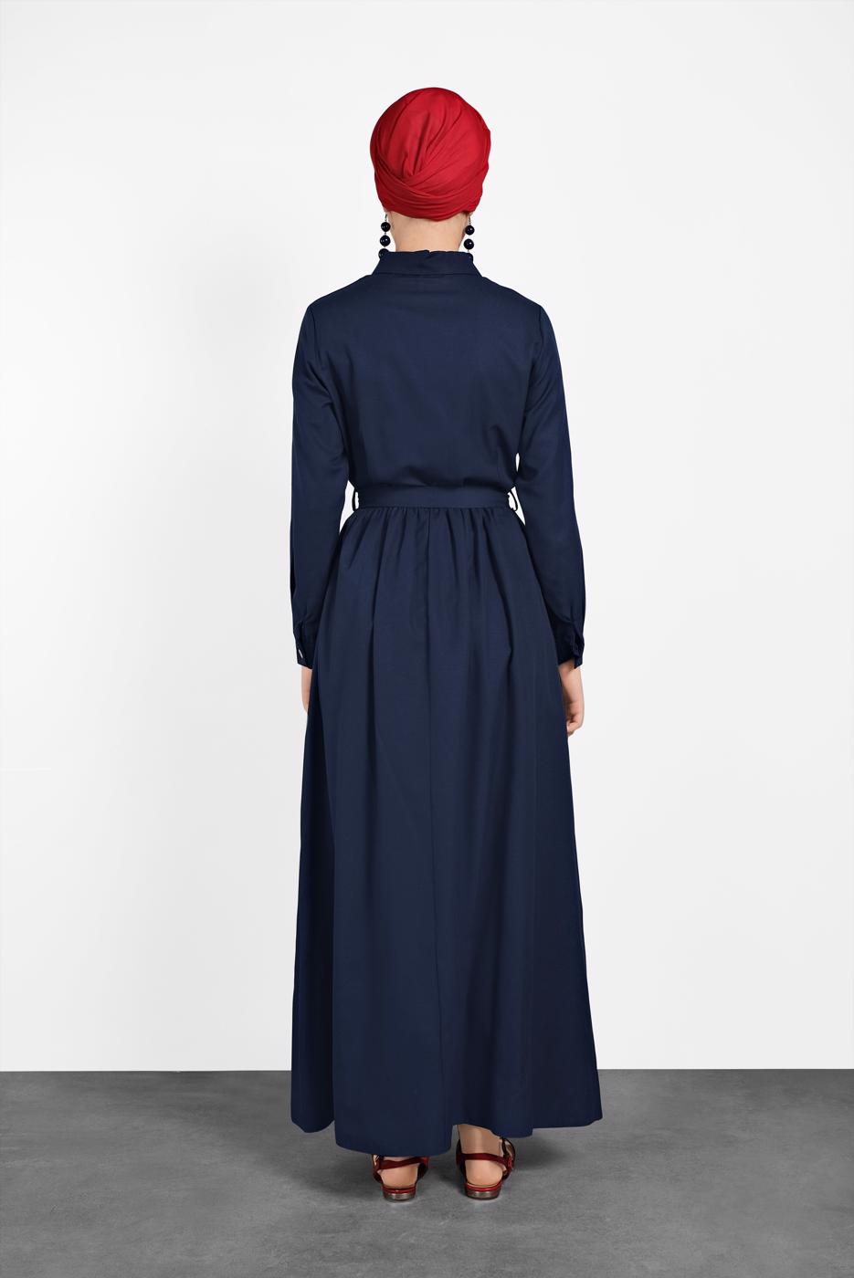 Tesettür giyim LACİVERT BOYDAN DÜĞMELİ CEPLİ ELBİSE 6824