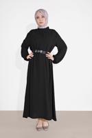 Tesettür giyim SİYAH MANŞETLERİ LASTİKLİ KEMERLİ ELBİSE 6951