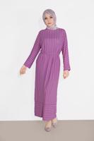 Tesettür giyim MOR BELİ BAĞCIKLI ÇİZGİLİ ELBİSE  7616