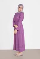 Tesettür giyim MOR BELİ BAĞCIKLI ÇİZGİLİ ELBİSE  7616