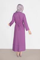 Tesettür giyim MOR BELİ BAĞCIKLI ÇİZGİLİ ELBİSE  7616