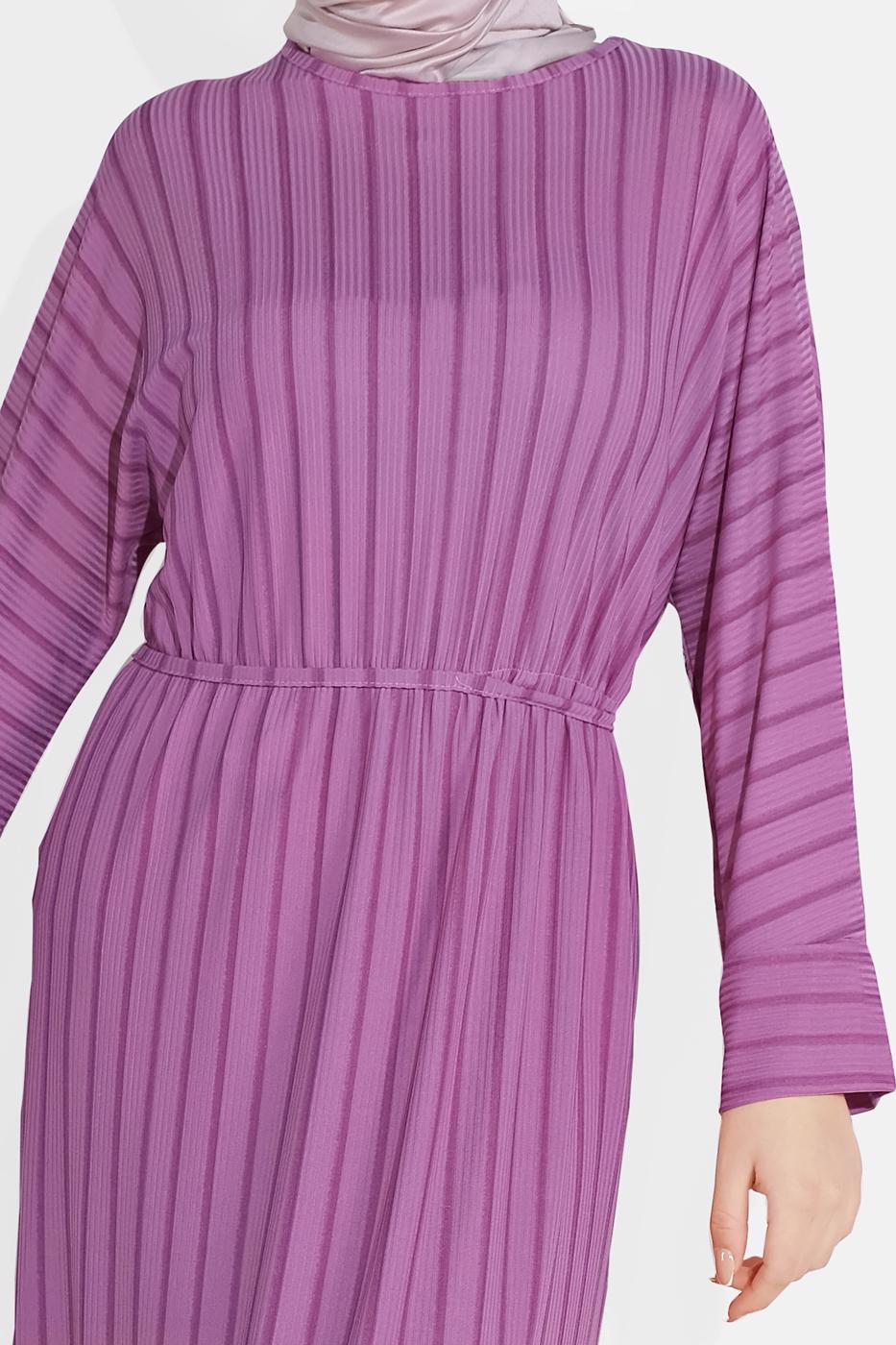 Tesettür giyim MOR BELİ BAĞCIKLI ÇİZGİLİ ELBİSE  7616