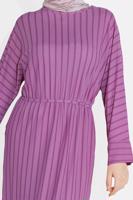 Tesettür giyim MOR BELİ BAĞCIKLI ÇİZGİLİ ELBİSE  7616