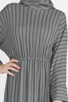 Tesettür giyim GRİ BELİ BAĞCIKLI ÇİZGİLİ ELBİSE  7616
