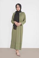 Tesettür giyim HAKİ BELİ BAĞCIKLI ÇİZGİLİ ELBİSE  7616