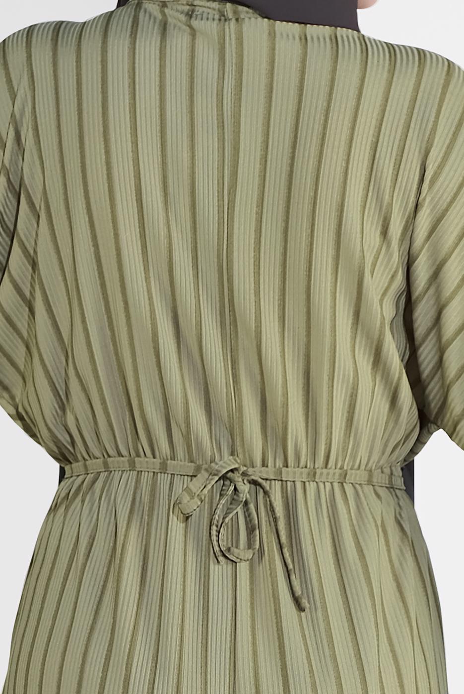 Tesettür giyim HAKİ BELİ BAĞCIKLI ÇİZGİLİ ELBİSE  7616