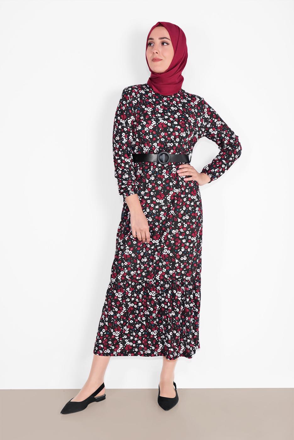 Vêtements hijab NOIR ROBE EN COTON IMPRIMÉE FLEURI 8030