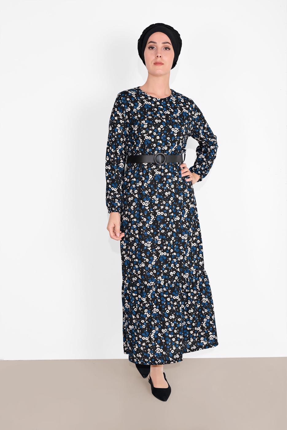 Vêtements hijab NOIR ROBE EN COTON IMPRIMÉE FLEURI 8030