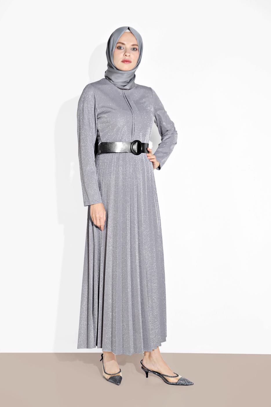 Vêtements hijab GRIS JUPE EN BRILLANTE PLISSÉE 8804