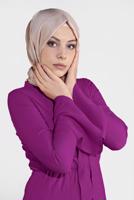 Tesettür giyim MOR VOLAN DETAYLI FİYONK YAKA ELBİSE  9101