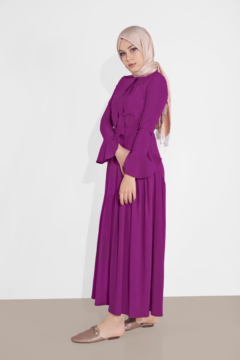 Tesettür giyim MOR VOLAN DETAYLI FİYONK YAKA ELBİSE  9101