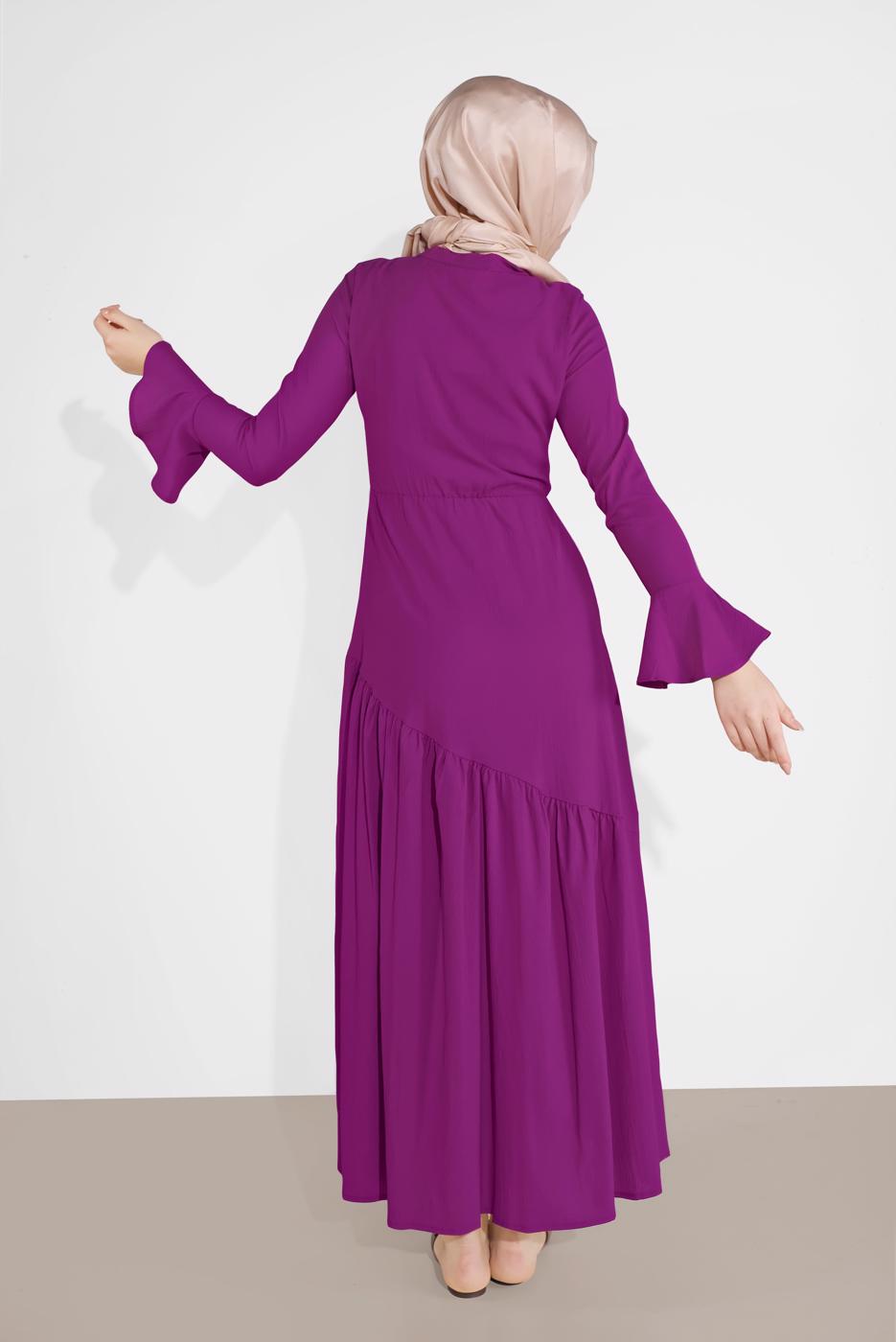 Tesettür giyim MOR VOLAN DETAYLI FİYONK YAKA ELBİSE  9101