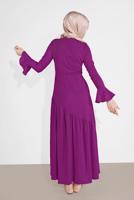 Tesettür giyim MOR VOLAN DETAYLI FİYONK YAKA ELBİSE  9101