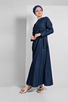 Tesettür giyim LACİVERT BEL KISMI BÜZGÜLÜ BAĞLAMALI DENİM ELBİSE 9134