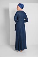 Tesettür giyim LACİVERT BEL KISMI BÜZGÜLÜ BAĞLAMALI DENİM ELBİSE 9134