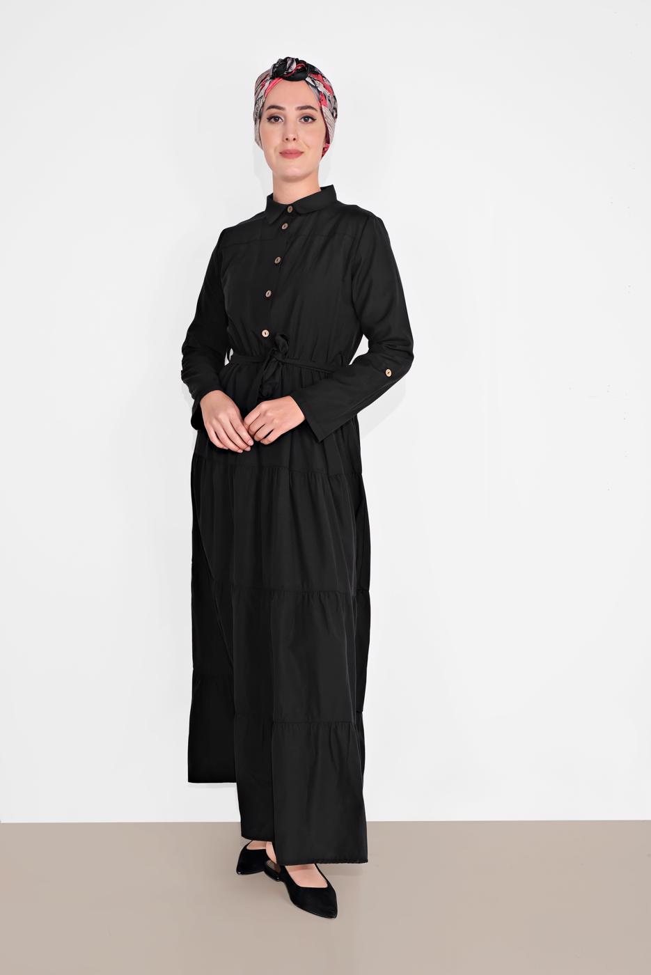 Tesettür giyim SİYAH PAMUKLU KUŞAKLI SALAŞ ELBİSE 9432 