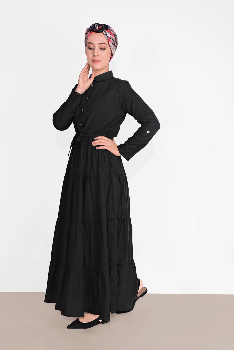 Tesettür giyim SİYAH PAMUKLU KUŞAKLI SALAŞ ELBİSE 9432 
