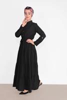 Tesettür giyim SİYAH PAMUKLU KUŞAKLI SALAŞ ELBİSE 9432 