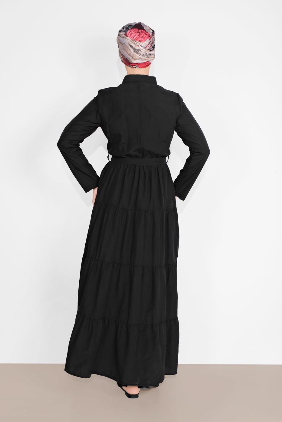 Tesettür giyim SİYAH PAMUKLU KUŞAKLI SALAŞ ELBİSE 9432 