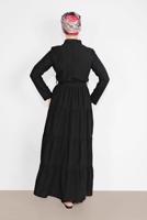 Tesettür giyim SİYAH PAMUKLU KUŞAKLI SALAŞ ELBİSE 9432 