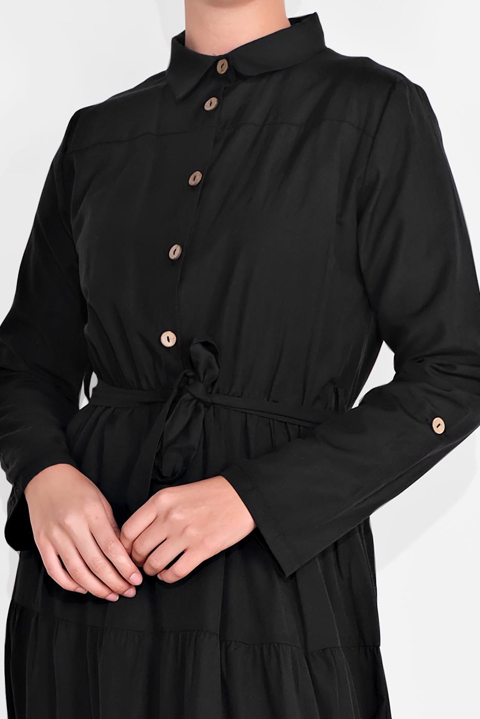 Tesettür giyim SİYAH PAMUKLU KUŞAKLI SALAŞ ELBİSE 9432 