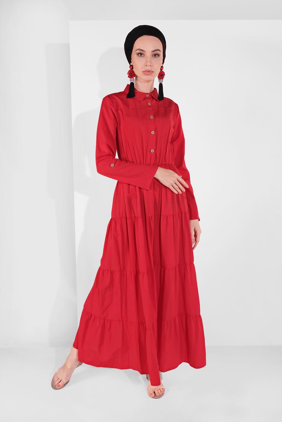 Tesettür giyim KIRMIZI PAMUKLU KUŞAKLI SALAŞ ELBİSE 9432 