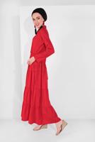 Tesettür giyim KIRMIZI PAMUKLU KUŞAKLI SALAŞ ELBİSE 9432 