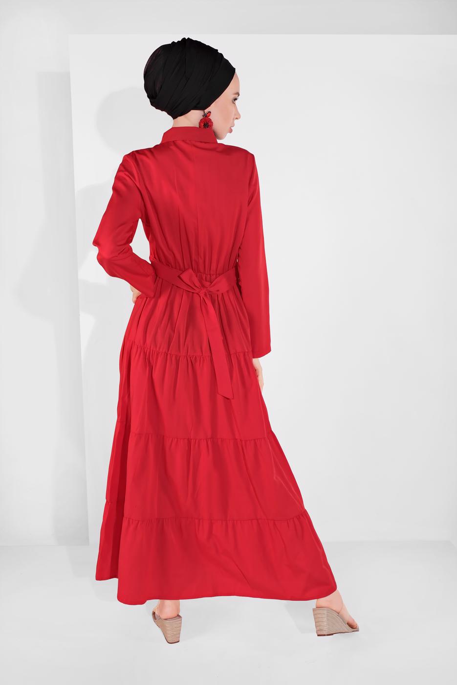 Tesettür giyim KIRMIZI PAMUKLU KUŞAKLI SALAŞ ELBİSE 9432 