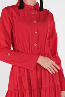 Tesettür giyim KIRMIZI PAMUKLU KUŞAKLI SALAŞ ELBİSE 9432 