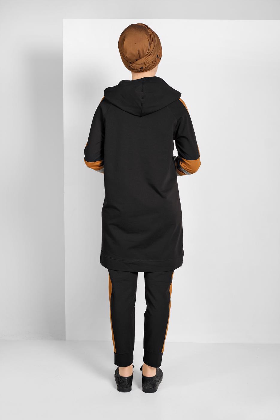 Tesettür giyim SİYAH ŞERİTLİ İKİLİ PANTOLONLU EŞOFMAN TAKIMI 07104