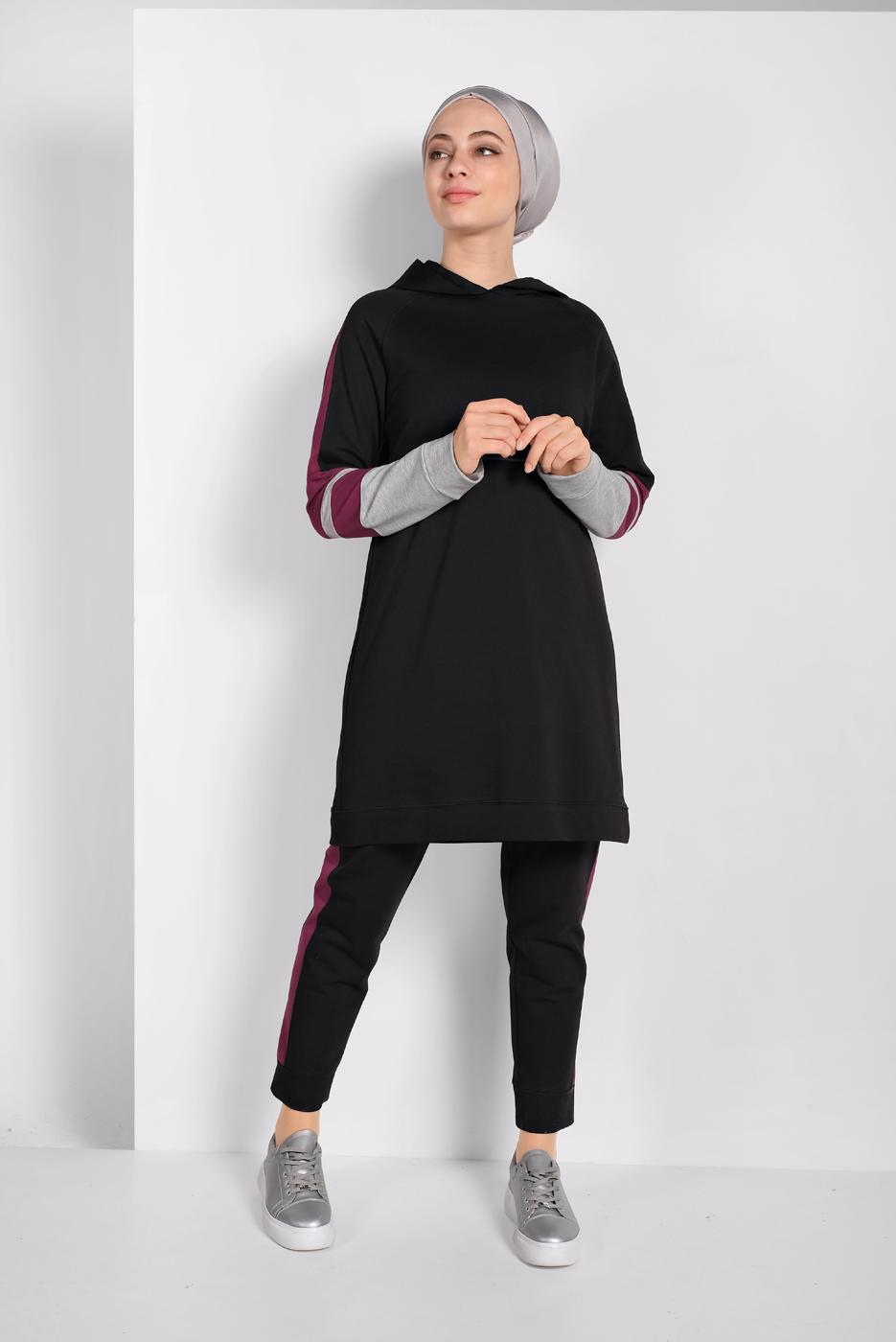 Tesettür giyim SİYAH ŞERİTLİ İKİLİ PANTOLONLU EŞOFMAN TAKIMI 07104