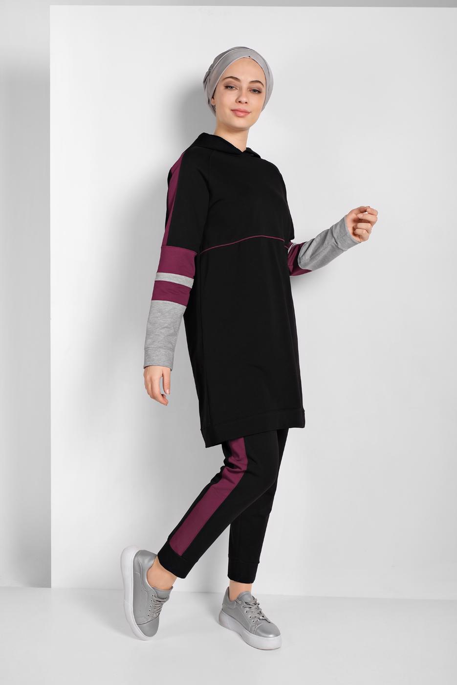 Tesettür giyim SİYAH ŞERİTLİ İKİLİ PANTOLONLU EŞOFMAN TAKIMI 07104