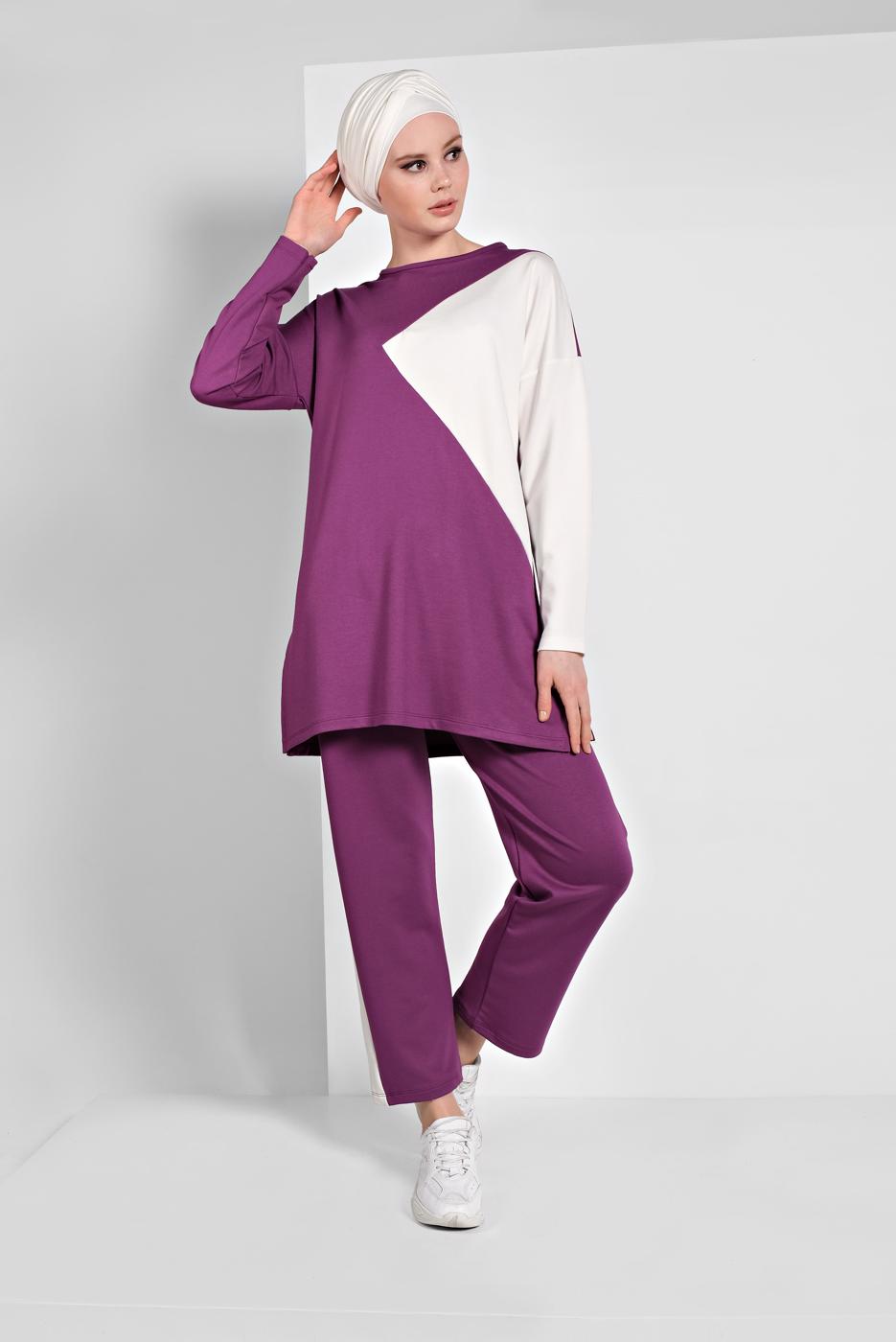 Tesettür giyim KREM DESENLİ EŞOFMAN TAKIMI 0306