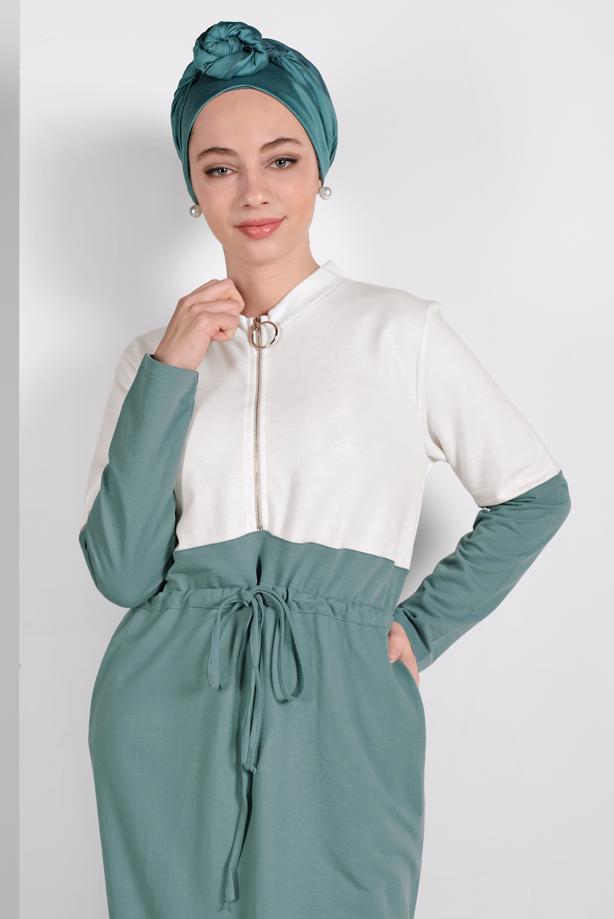 Tesettür giyim EKRU İKİ RENKLİ EŞOFMAN ELBİSE 518  - TRENDTESETTÜR