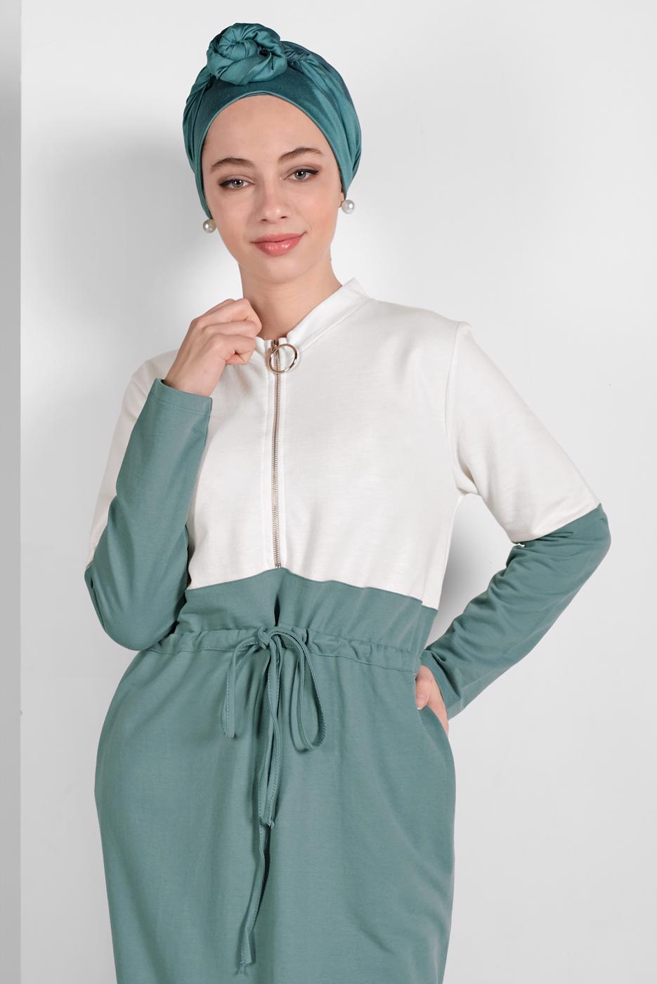 Tesettür giyim EKRU İKİ RENKLİ EŞOFMAN ELBİSE 518 