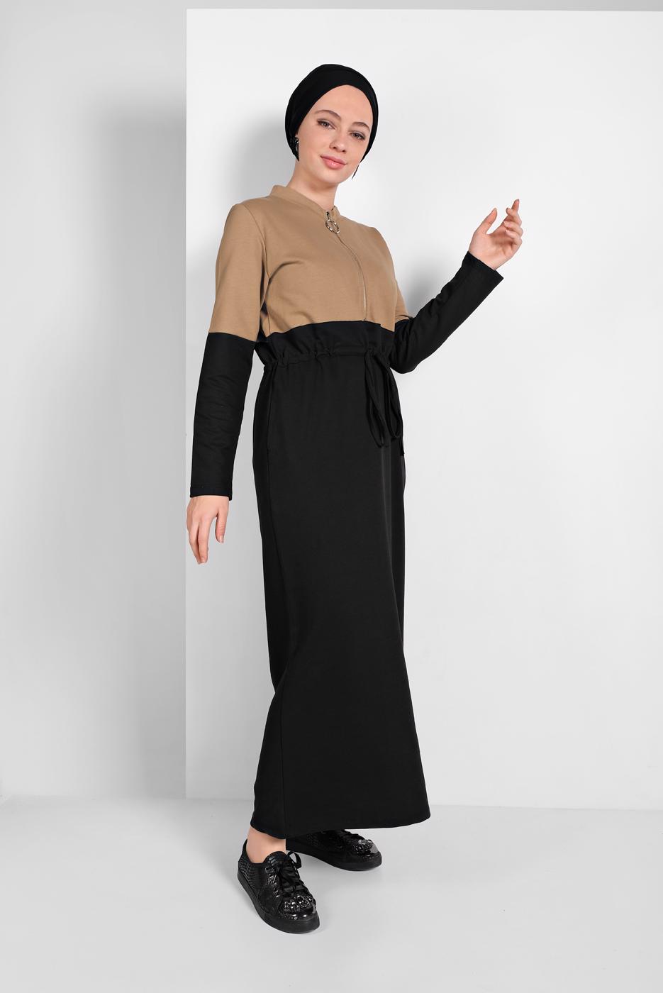 Tesettür giyim KAHVE İKİ RENKLİ EŞOFMAN ELBİSE 518 