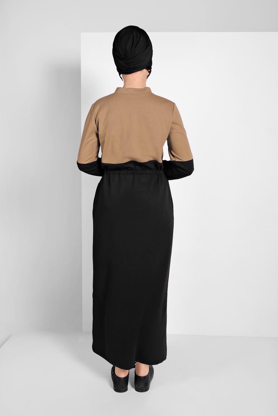 Tesettür giyim KAHVE İKİ RENKLİ EŞOFMAN ELBİSE 518 